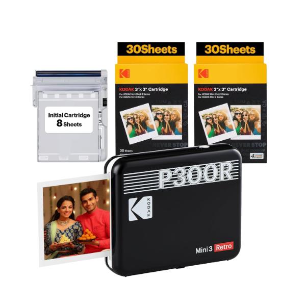 KODAK Mini 3 Retro 4PASS Portable Photo Printer (3×3 inches) + 68 Sheets, Black
