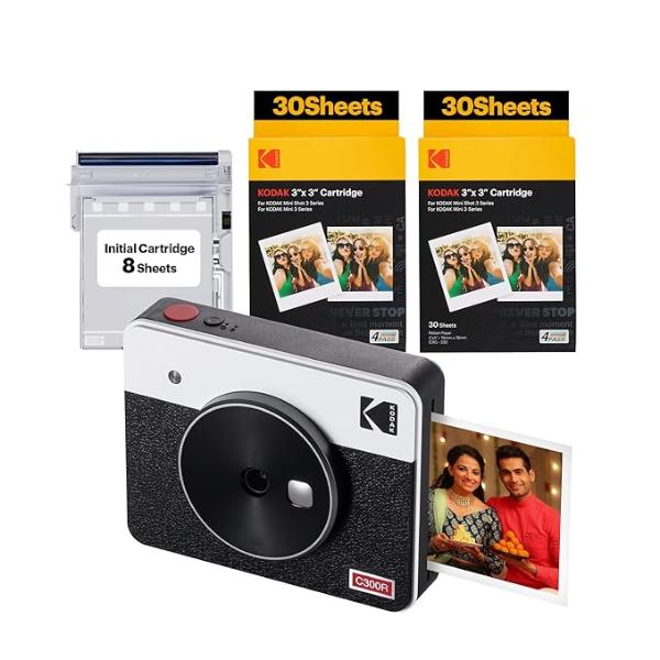 KODAK Mini Shot 3 Retro 4PASS 2-in-1 Instant Camera and Photo Printer (3×3 inches) + 68 Sheets, White