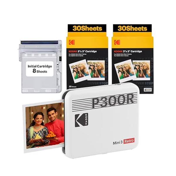 KODAK Mini 3 Retro 4PASS Portable Photo Printer (3×3 inches) + 68 Sheets, White