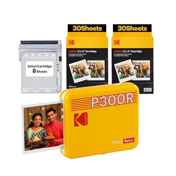 KODAK Mini 3 Retro 4PASS Portable Photo Printer (3×3 inches) + 68 Sheets, Yellow