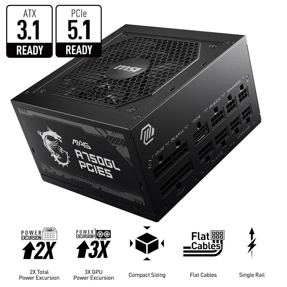 MSI MAG A750GL PCIE5 750W 80+ Gold Fully Modular PCIe 5.0 ATX 3.1 Power Supply Unit