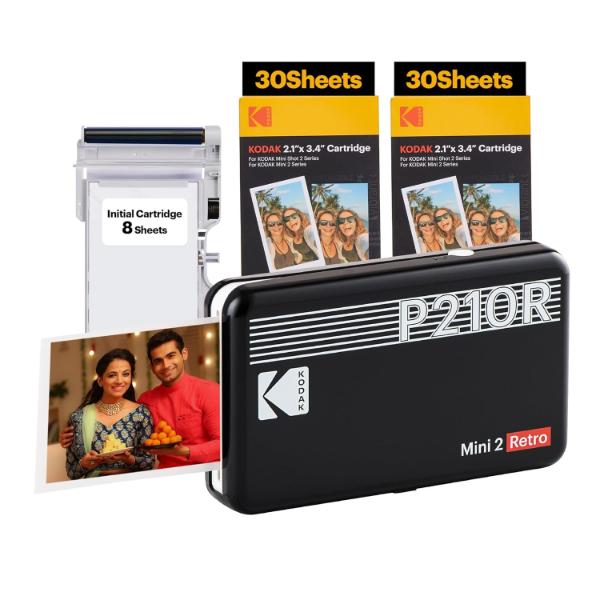KODAK Mini 2 Retro 4PASS Portable Photo Printer (2.1×3.4 inches) + 68 Sheets, Black