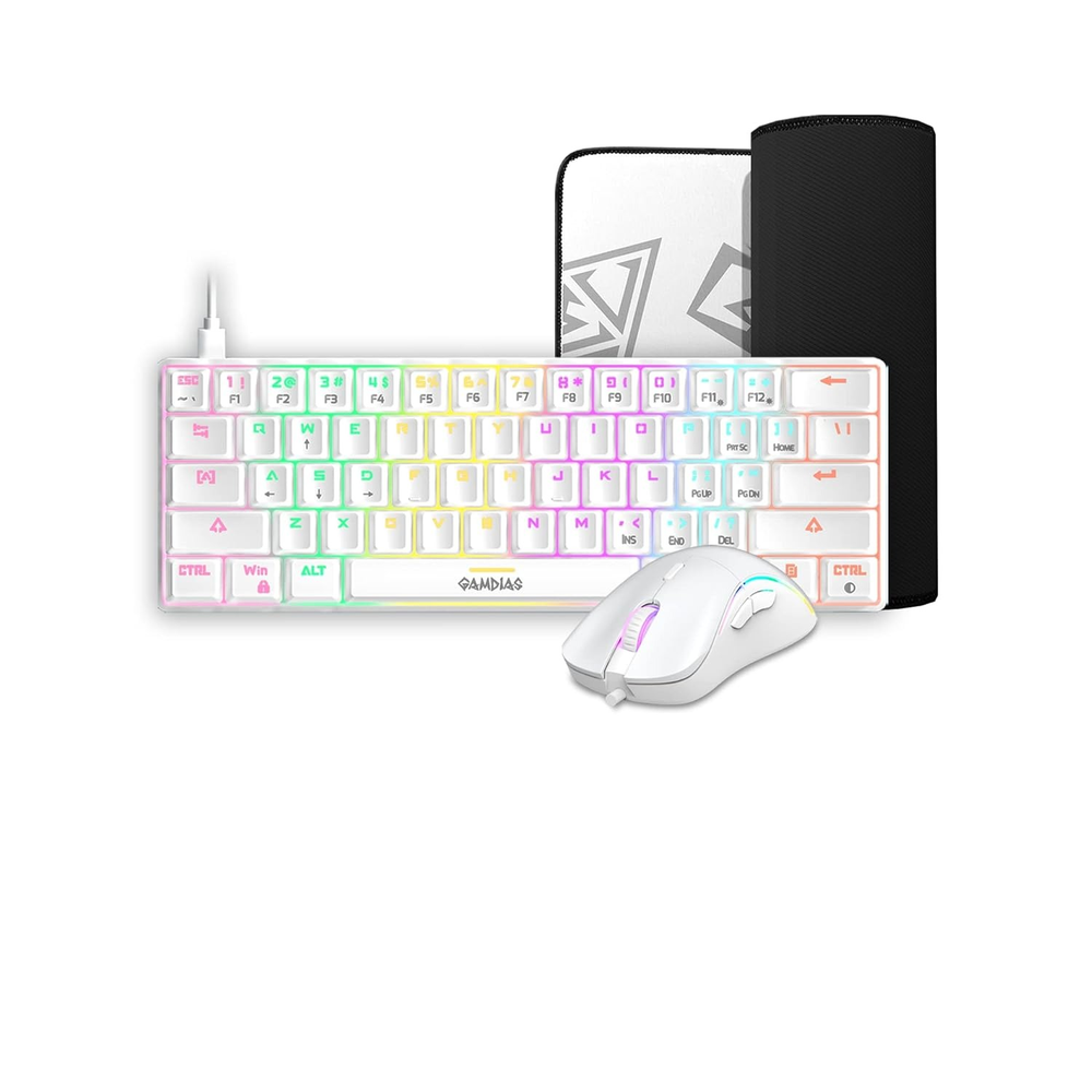 GAMDIAS HERMES E4 3-in-1 White Gaming Combo (60% RGB Mechanical Keyboard, 12800 DPI RGB Mouse, Extended Non-Slip Mouse Pad)