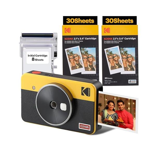 KODAK Mini Shot 2 Retro 4PASS 2-in-1 Instant Camera and Photo Printer (2.1×3.4 inches) +68 Sheets, Yellow