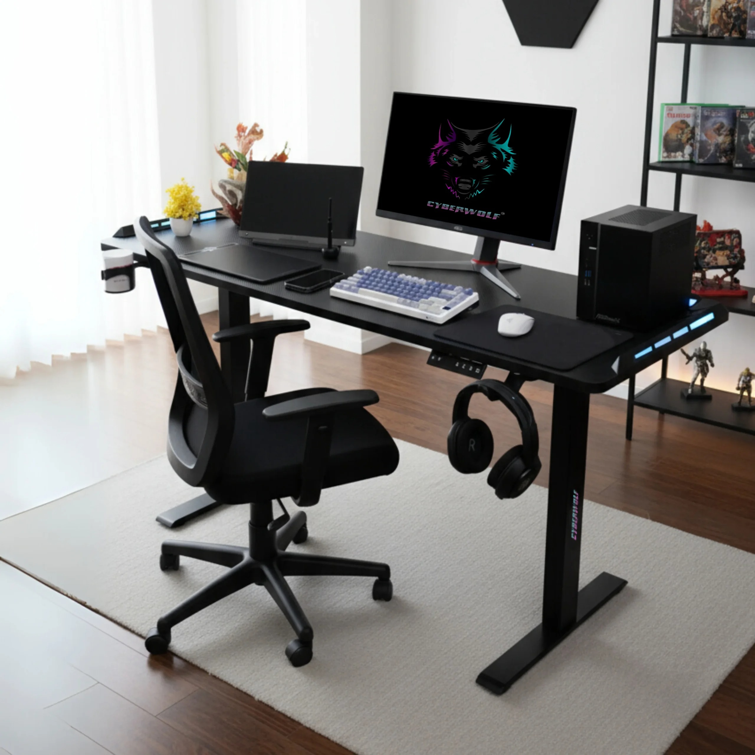 Cyberwolf Hydraulic RGB Gaming Table Regular (1100mm x 600mm) Black