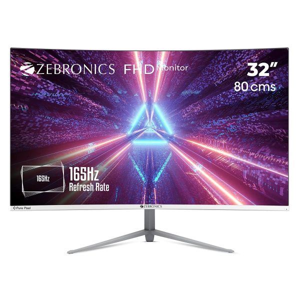 ZEBRONICS Gaming Zeb-AC32FHD LED Curved 165Hz 80cm (32″) 1920×1080 Pixels FHD Resolution Monitor with Display Port + HDMI Dual Input, Built-in Speaker, Wall Mount Facility, 300 Nits Brightness, Black
