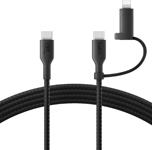 Belkin BoostCharge 2-in-1 USB-C Charging Cable w/USB-C & Lightning Connector – Braided Fast-Charging Cable, Multi-Charging Combo Cord for Apple iPhone, iPad, Samsung, MacBook, & More – Black