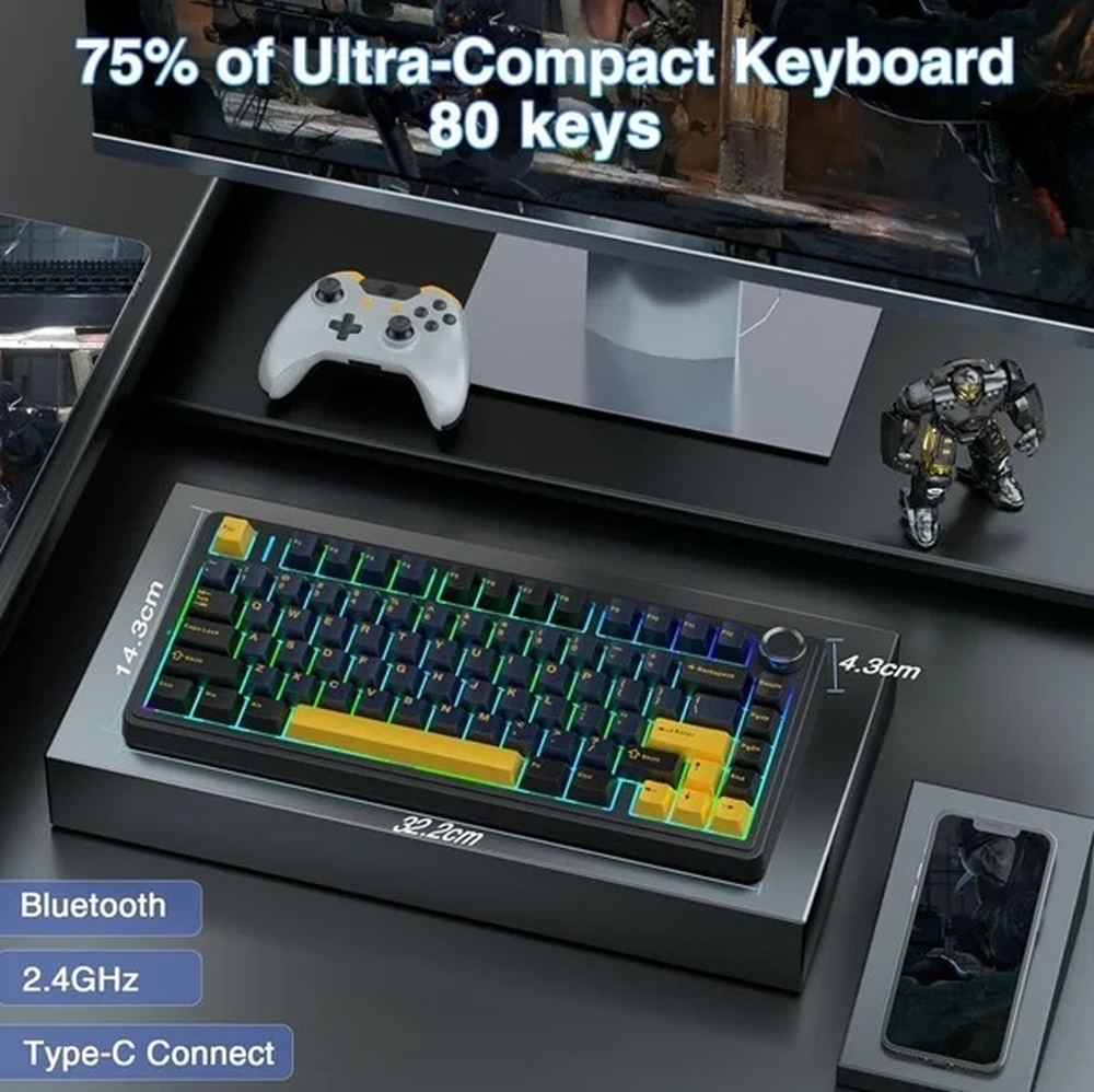 AULA F75 75% Wireless Trio Mode Mechanical Gaming Keyboard With Knob | Thunder Black, Graywood Switch (F75TBW)