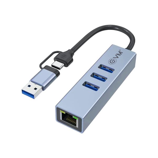 EVM 4in-1 HUB Dual Input Type-C + USB – 3xUSB 3.0 with RJ45 Ethernet Port