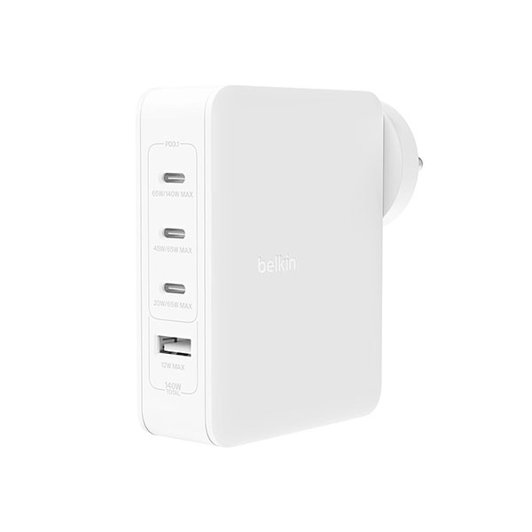 Belkin 140W GaN 4-Port (3X USB-C and 1x USB-A) PD 3.1 Fast Wall Charger, Compact Size, Compatible with MacBook Pro, MacBook Air, USB-C Laptops, iPhone 15 & Other USB-C Devices – White