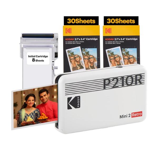 KODAK Mini 2 Retro 4PASS Portable Photo Printer (2.1×3.4 inches) + 68 Sheets, White