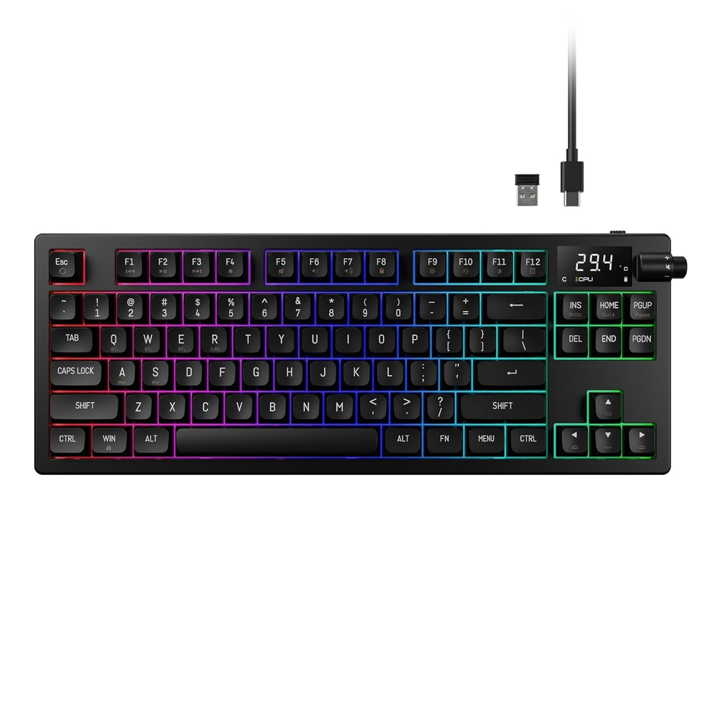 GAMDIAS HERMES M7 HYBRID Wireless RGB TKL Mechanical Gaming Keyboard (Red Switches, 2.4GHz / Bluetooth / USB-C, 4000mAh, CPU/GPU Temp Display, Volume Knob)