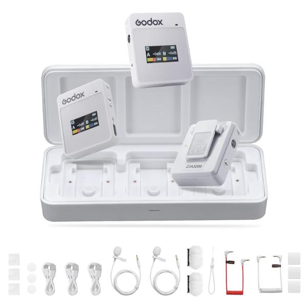 GODOX Movelink II M2 Wireless Microphone System (White), 2.4Ghz Lavalier Mic with Charging Case 100m Noise Cancelling, 2 TX+1RX for Smartphones, Cameras, Vlog, Interview, Livestreaming