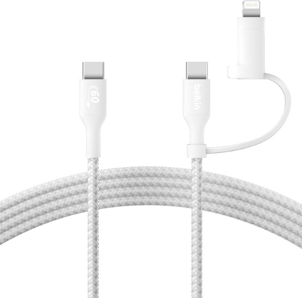 Belkin BoostCharge 2-in-1 USB-C Charging Cable w/USB-C & Lightning Connector – Braided Fast-Charging Cable, Multi-Charging Combo Cord for Apple iPhone, iPad, Samsung, MacBook, & More – White