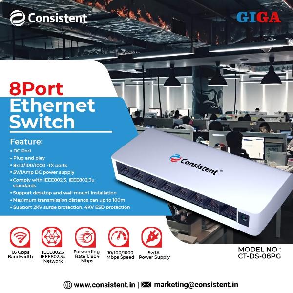 Consistent Desktop 8 Port Ethernet GIGA Switch (CT-DS-08PG) 5V/1A Power Suppy, 10/100/1000Mbps Speed, Forwarding Rate 1.1904Mbps, 1.6 Gbps Bandwidth, IEEE802.3u Network