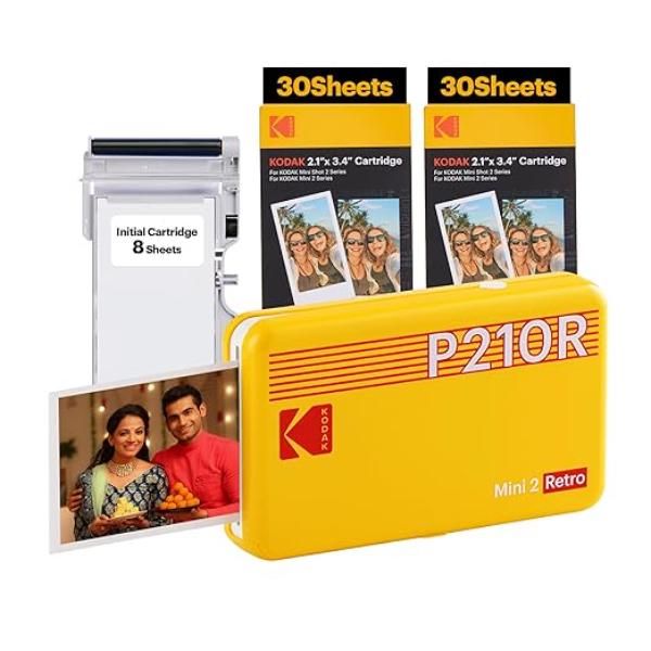 KODAK Mini 2 Retro 4PASS Portable Photo Printer (2.1×3.4 inches) + 68 Sheets, Yellow